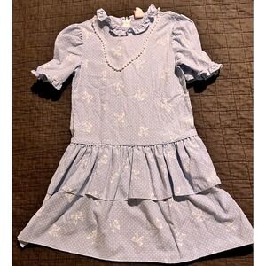 Vintage Miss Quality Girls Blue Polka Dot Bow Dress Pearl Detail Drop Waist